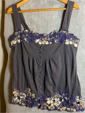 Athropologie Little Yellow Button Embroidered Flowers lightweight whimsical L